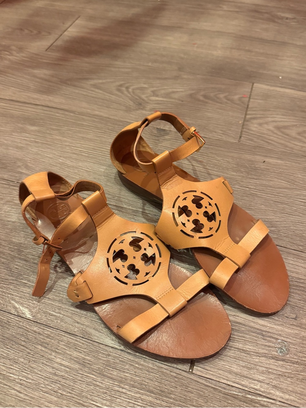 Tory Burch Tan Leather Cutout Logo Ankle-Strap Sandals